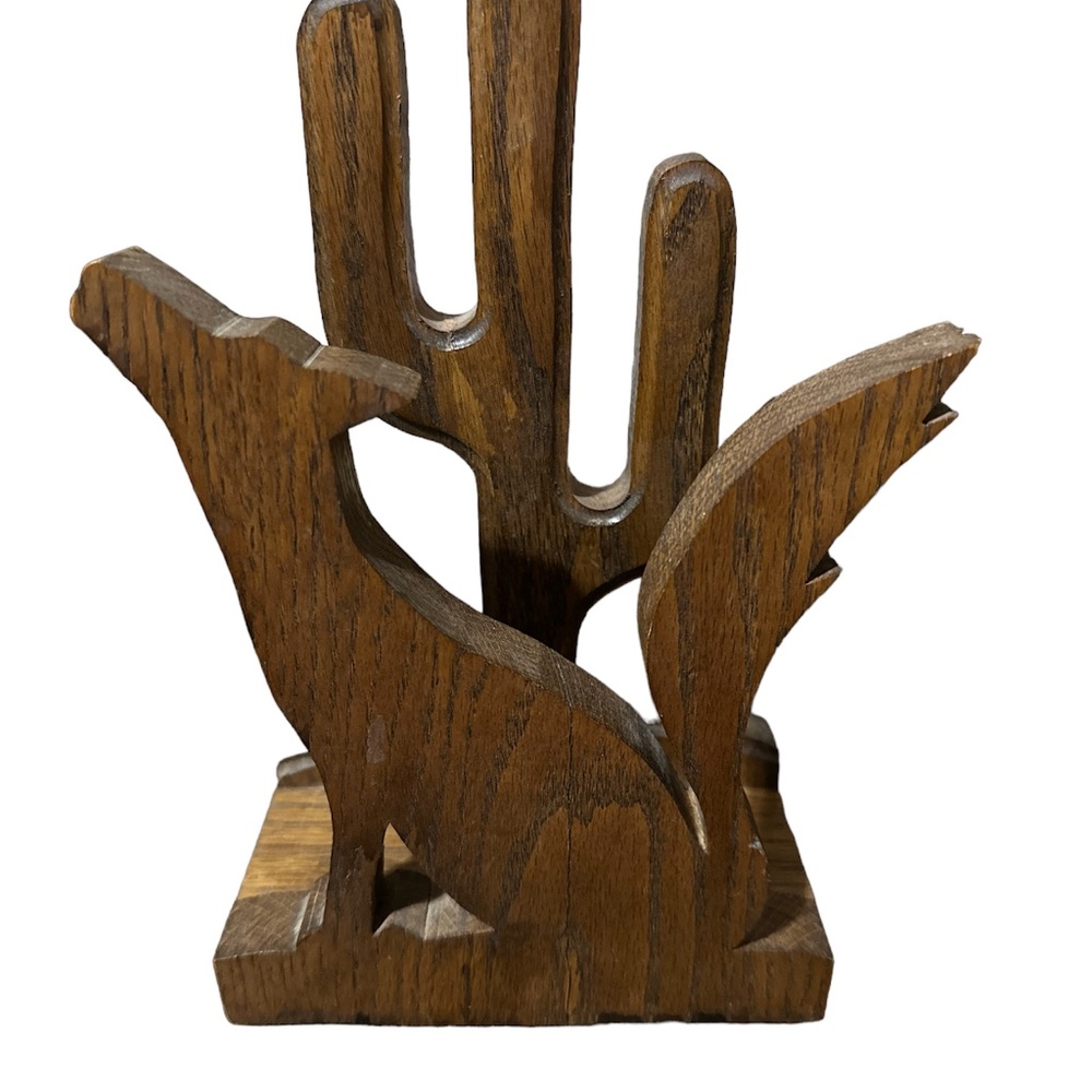 Vintage, handmade, wood coyote and cactus southwest napkin//book//holder